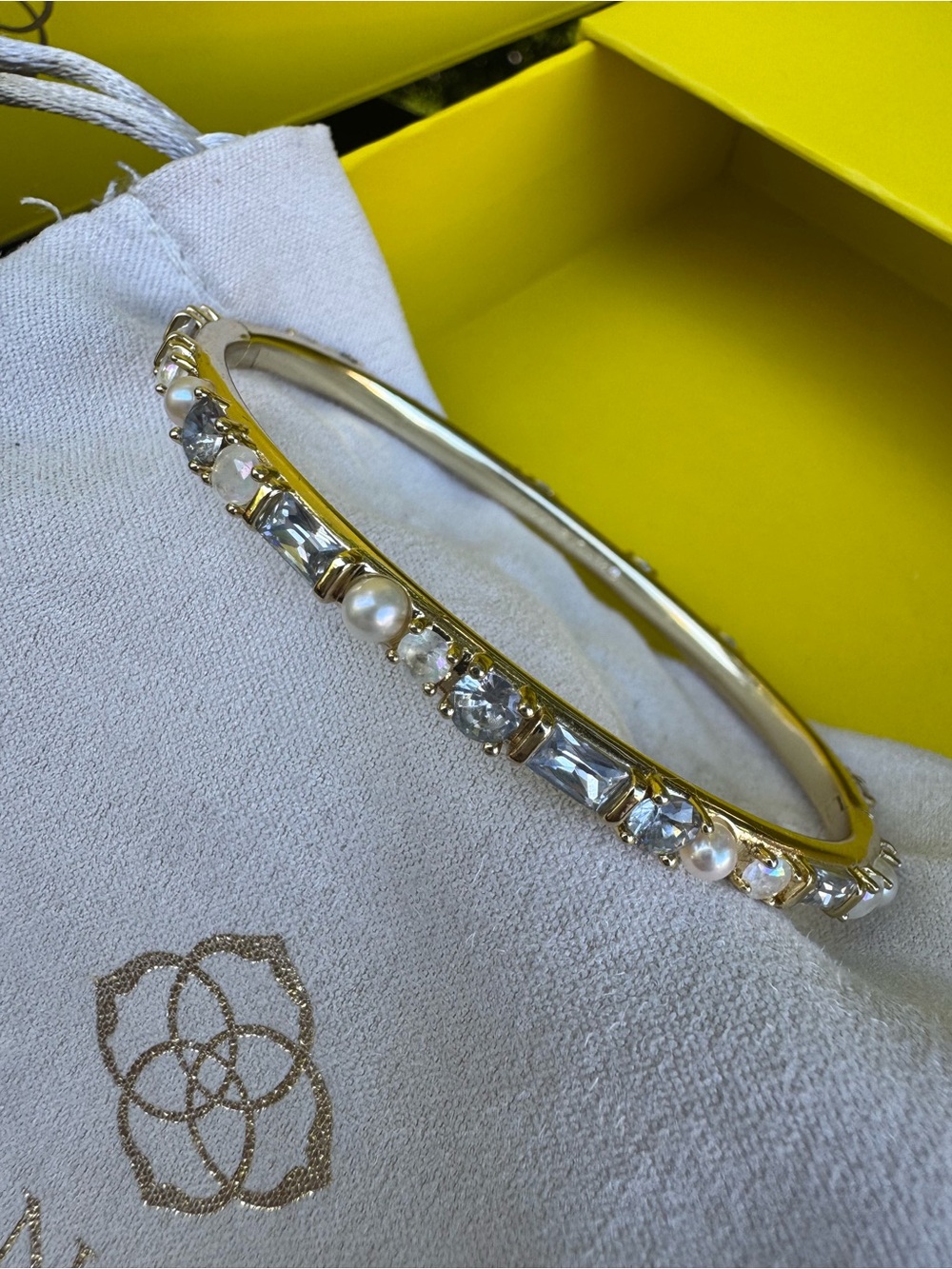 Kendra Scott Gold Hinged Bangle with Crystals and Pearls